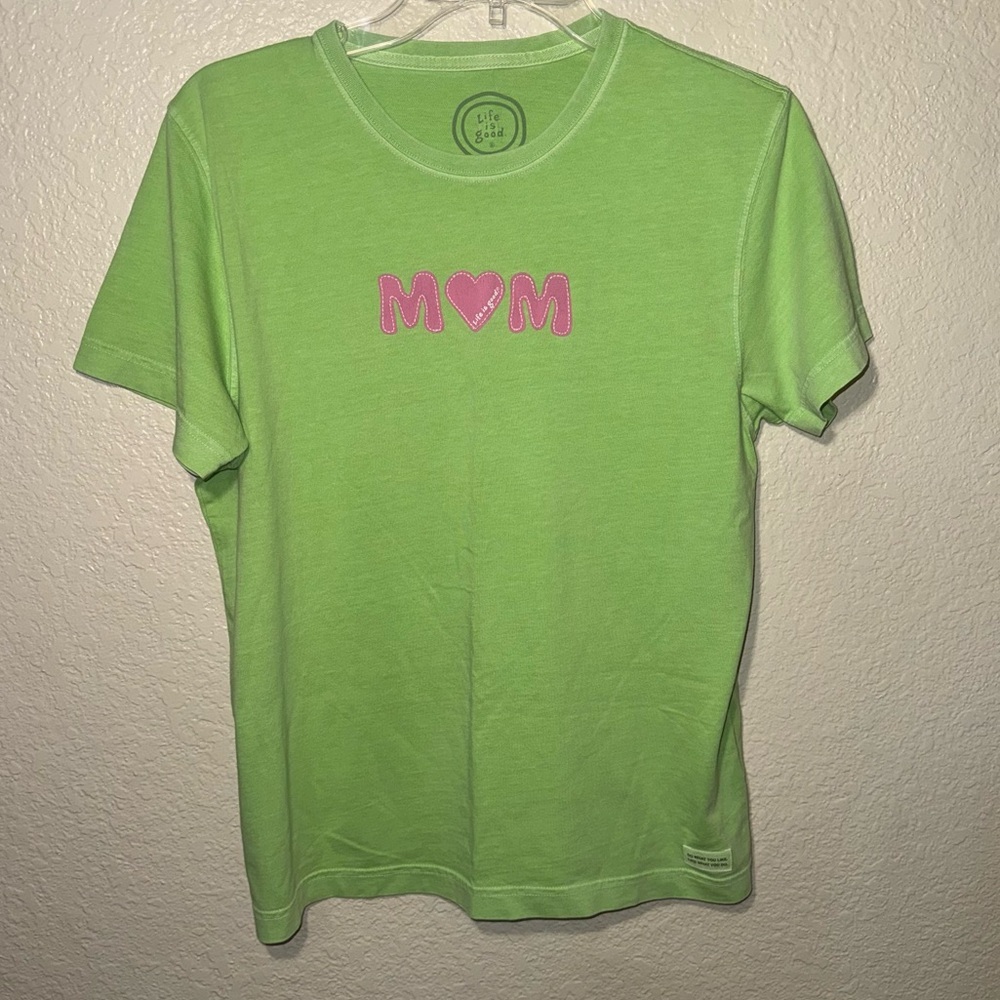 Life Is Good Women’s Mom Graphic Tee Medium Green Pink Casual T Shirt